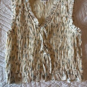 Cream Floral Sleeveless Blouse with Tie Detail